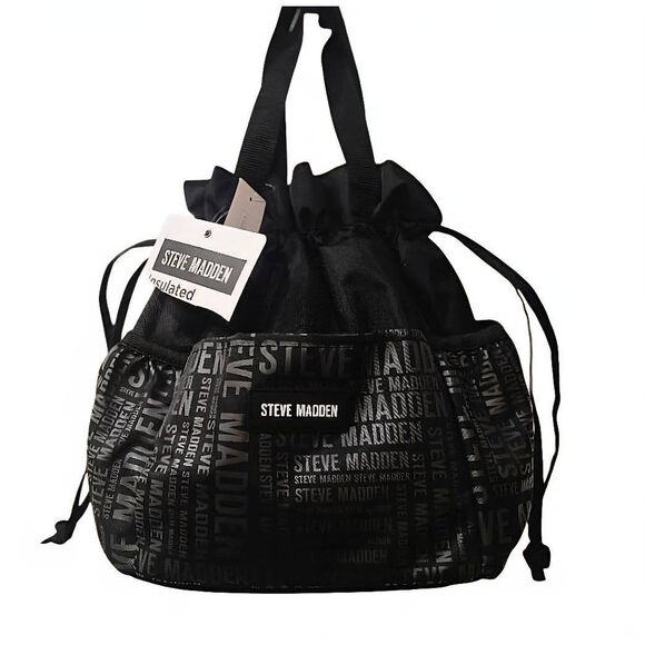 Steve Madden Repeat Logo Drawstring Insulated Lunch Tote Bag- Black - Picture 2 of 9